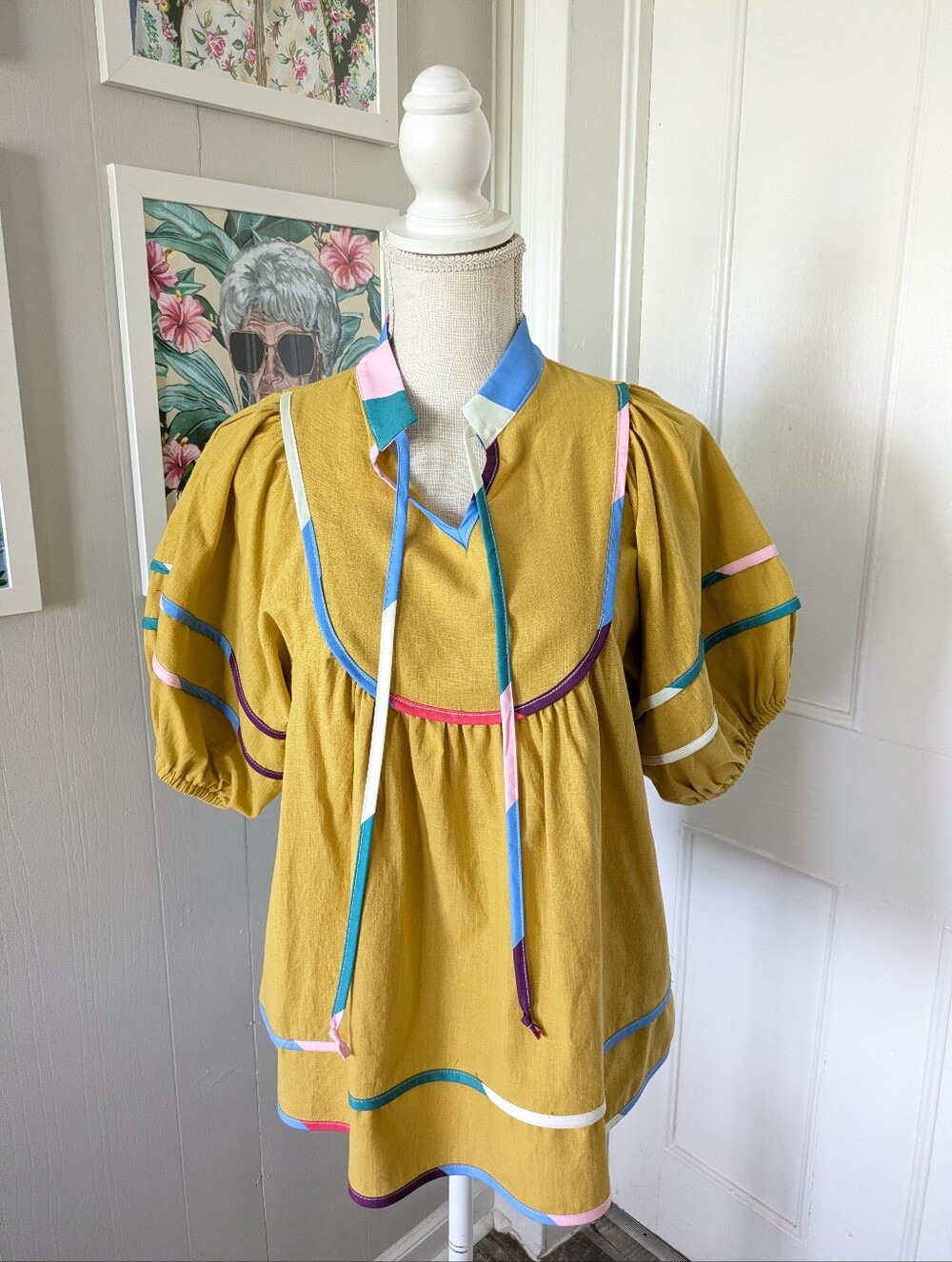 Cicy Bell Mustard Puff Sleeve Peasant Blouse with Rainbow Trim